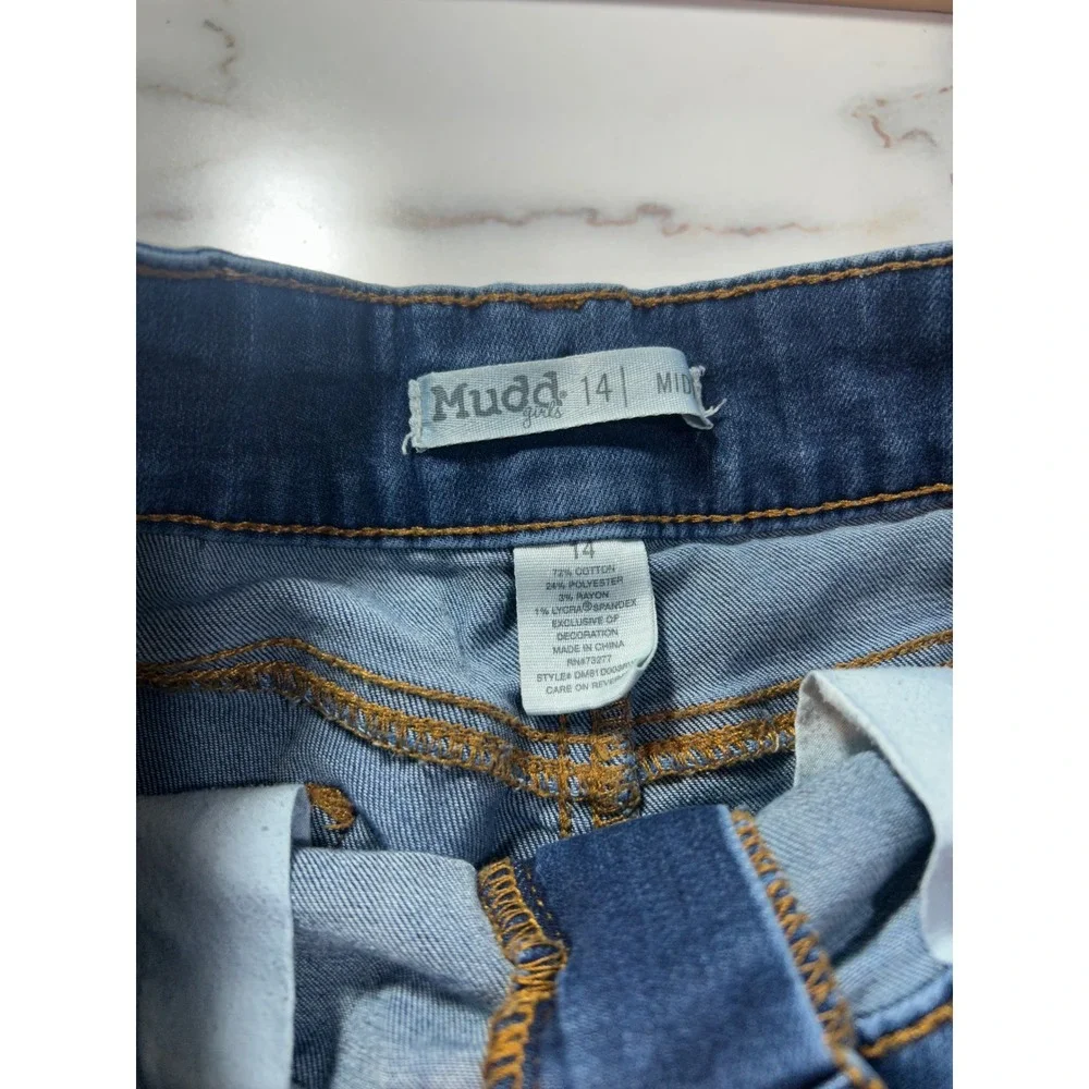 Mudd‎ Girls Size 14 Mid Rise Distressed Denim Shorts Cuffed Medium Wash Blue